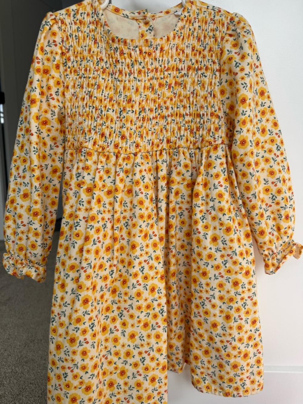 Smocked Yellow Floral Long-Sleeve Girls' Dress